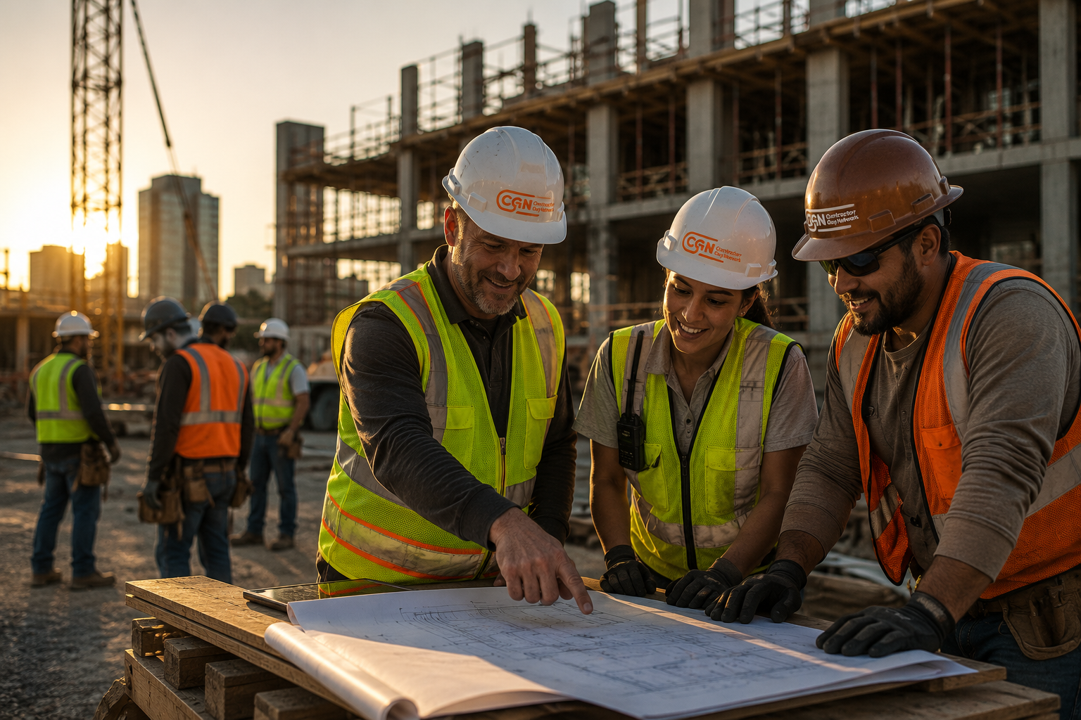 Steel construction site with tower cranes and workers